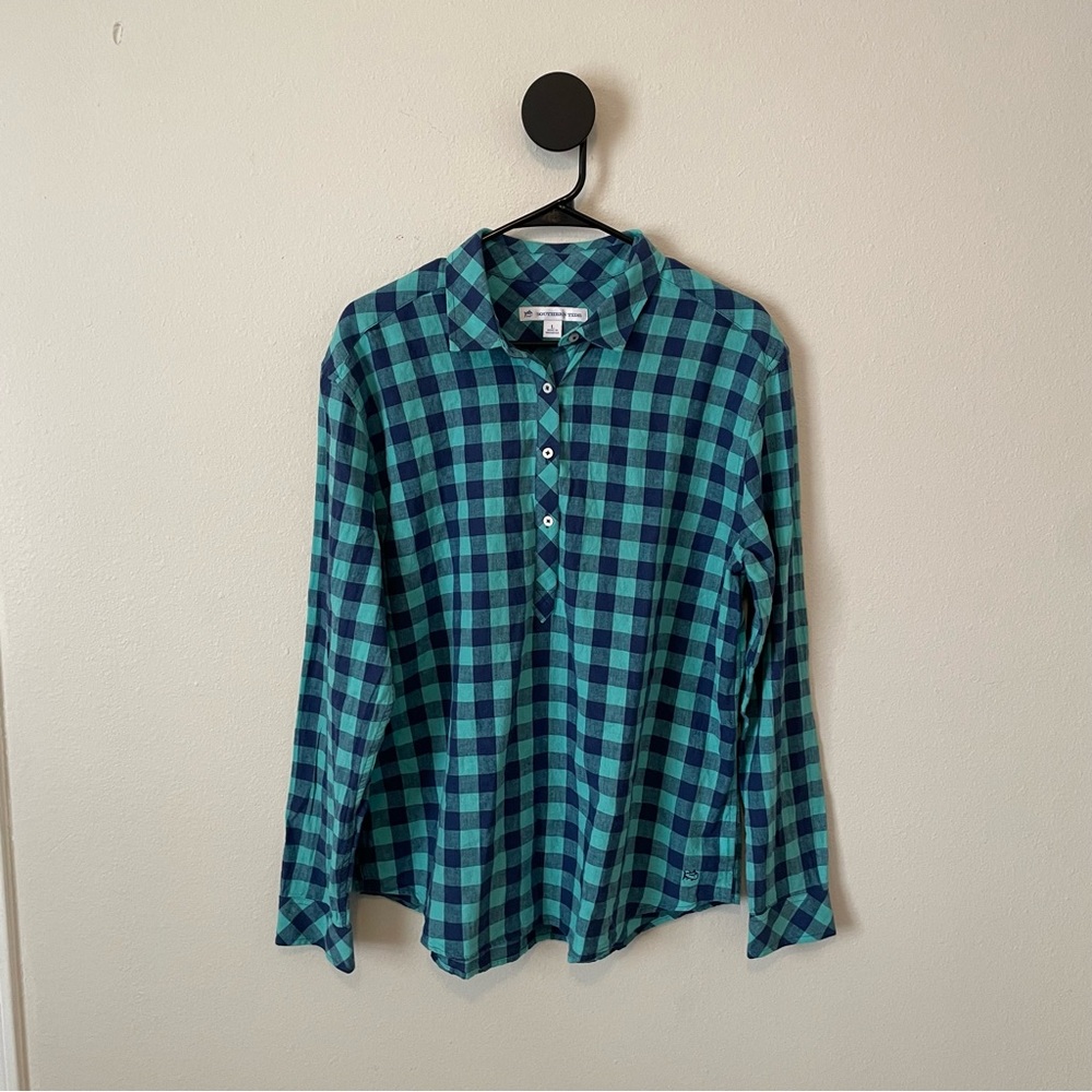 Southern Tide Green Blue Buffalo Check Plaid Popover Top Women’s Large